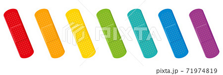 Plaster set. Colorful collection with seven different colors - red, orange, yellow, green, cyan, blue and purple adhesive plasters. Isolated vector illustration on white background. 71974819