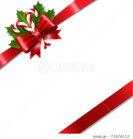Christmas Ribbon Bow With Holly Berry Red Background 71976152
