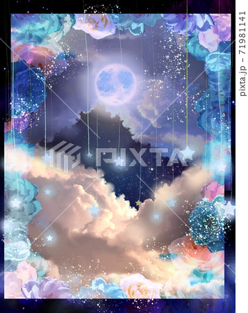 薔薇のフレームと空から降る流れ星と満月の美しい宇宙の風景画 71981141