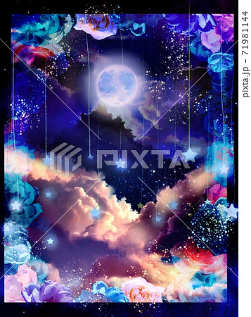 薔薇のフレームと空から降る流れ星と満月の美しい宇宙の風景画 71981144