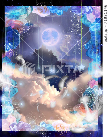 薔薇のフレームと空から降る流れ星と満月の美しい宇宙の風景画 薔薇のフレームと空から降る流れ星と満月の美しい宇宙の風景画 71981146