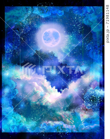 薔薇のフレームと空から降る流れ星と満月の美しい宇宙の風景画の