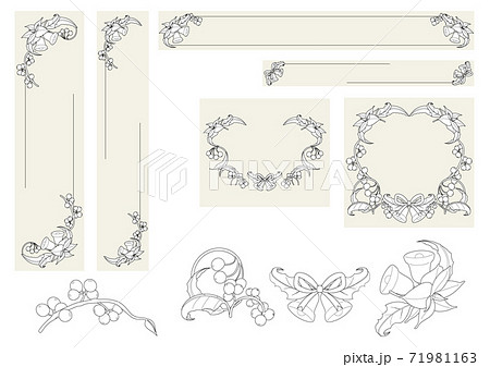 ポインセチアと柊 ベルとリボンを用いたフレームセット 線画のイラスト素材