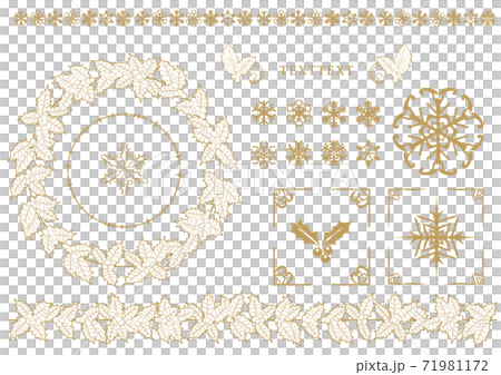 柊と雪のヴィンテージ風フレーム ライン 背景なしのイラスト素材