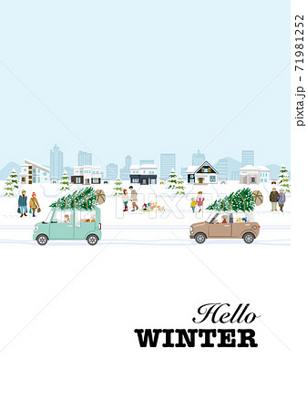 冬の街並み - 郊外の住宅街　縦長　A4比率　木を積んだ車と人物付き　文字付き 71981252