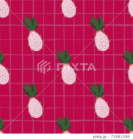 Seamless food pattern with bright pitaya silhouettes. Pink chequered background. Seamless food pattern with bright pitaya silhouettes. Pink chequered background. 71981386