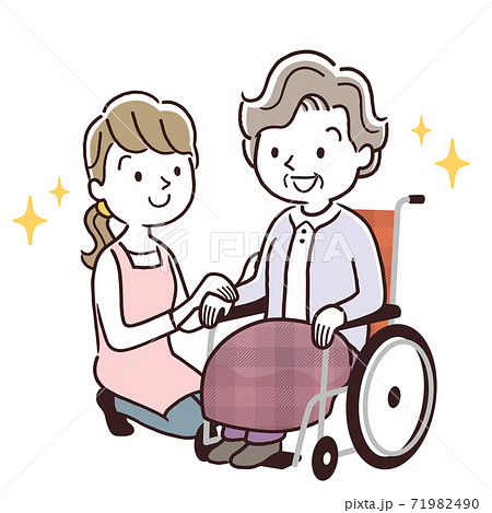 ベクターイラスト素材 車椅子に乗るシニア女性と寄り添う介護スタッフのイラスト素材