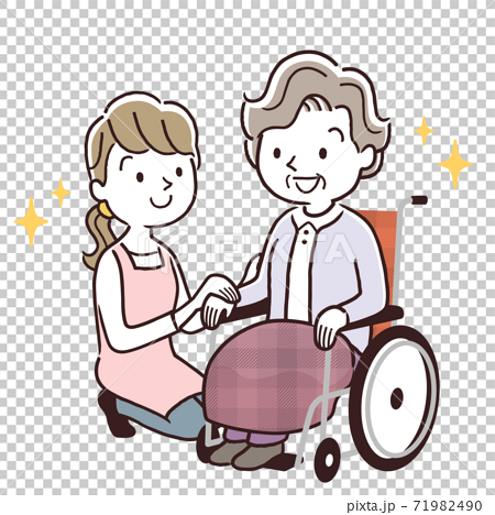 ベクターイラスト素材：車椅子に乗るシニア女性と寄り添う介護スタッフ 71982490