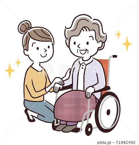 ベクターイラスト素材：車椅子に乗るシニア女性と寄り添う若い女性、親子 71982492