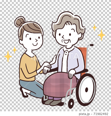ベクターイラスト素材：車椅子に乗るシニア女性と寄り添う若い女性、親子 71982492