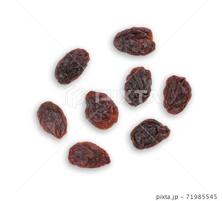 Top view of dried raisins isolated on white background. 71985545