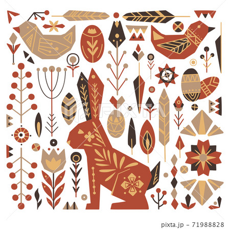 Festive Easter set with tribal ornaments. Geometric hare, egg, flower and various decorative elements separately background. Vector objects 71988828