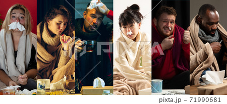 Young people wrapped in a plaid looks sick, ill, sneezing and coughing sitting at home indoors Young people wrapped in a plaid looks sick, ill, sneezing and coughing sitting at home indoors 71990681