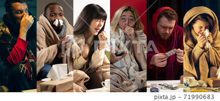Young people wrapped in a plaid looks sick, ill, sneezing and coughing sitting at home indoors Young people wrapped in a plaid looks sick, ill, sneezing and coughing sitting at home indoors 71990683