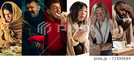 Young people wrapped in a plaid looks sick, ill, sneezing and coughing sitting at home indoors 71990684