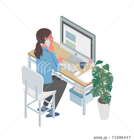 リモートワーク スマートフォンで話す女性　アイソメトリック　テレワーク　イラスト 71996437