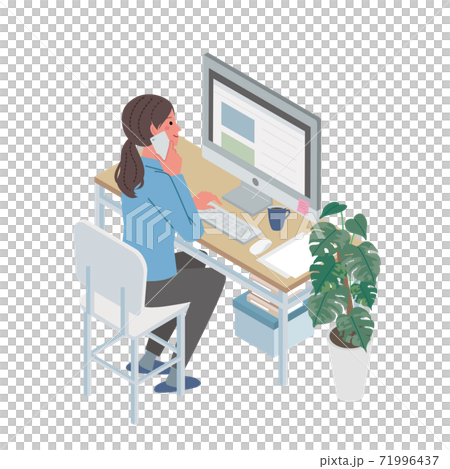 リモートワーク スマートフォンで話す女性　アイソメトリック　テレワーク　イラスト 71996437