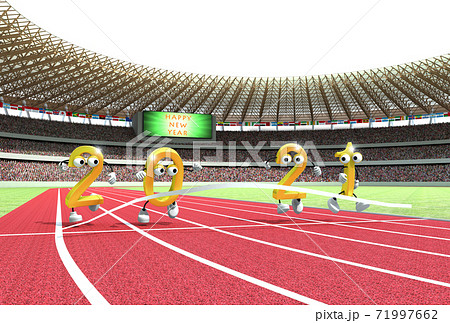 2021年(令和3年) オリンピック開催年ということで陸上競技場をモチーフにした年賀状素材 71997662