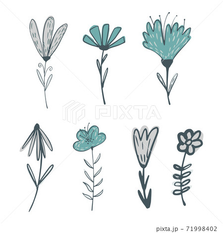 Set from flowers on twigs with foliage on white background. Abstract botanical sketch blue color hand drawn in style doodle. Set from flowers on twigs with foliage on white background. Abstract botanical sketch blue color hand drawn in style doodle. 71998402