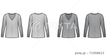 Ribbed V-neck knit sweater technical fashion illustration with long sleeves, oversized body, tunic length. Ribbed V-neck knit sweater technical fashion illustration with long sleeves, oversized body, tunic length. 71998623