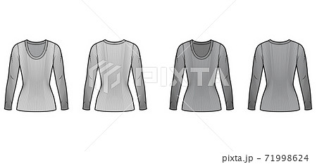 Ribbed scoop neck knit sweater technical fashion illustration with long sleeves, close-fitting shape, tunic length. Ribbed scoop neck knit sweater technical fashion illustration with long sleeves, close-fitting shape, tunic length. 71998624