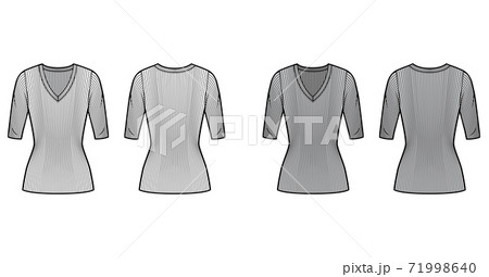 Ribbed V-neck knit sweater technical fashion illustration with elbow sleeves, close-fitting shape, tunic length. Ribbed V-neck knit sweater technical fashion illustration with elbow sleeves, close-fitting shape, tunic length. 71998640