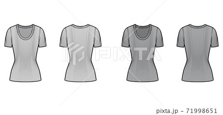 Ribbed scoop neck knit sweater technical fashion illustration with short rib sleeves, close-fitting shape, tunic length 71998651