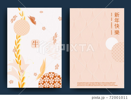 Happy New Year 2021 Chinese New Year. Set of greeting cards, envelopes with geometric patterns, flowers Translation from Chinese - Happy New Year, bull symbol 72001011