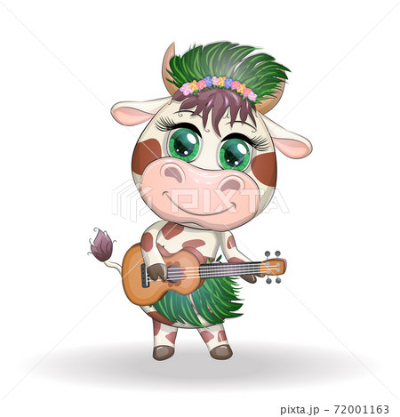 Cute cartoon bull, cow with beautiful eyes, Hawaiian hula dancer character with ukulele guitar among leaves, flowers. Chinese new year cute bull mascot 72001163