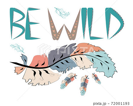 Be wild. Inscription with feathers in American, Indian tribal style, motivating phrase. Be wild. Inscription with feathers in American, Indian tribal style, motivating phrase. 72001193