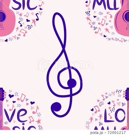 Love music seamless pattern with country guitar, music notes, treble clef, hearts, decorative elements. 72001217