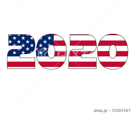 3D 2020 text with American flag inside the text. Vector illustration on white background. USA flag in text. American flag in letters. National emblem. Patriotic illustration. 72001567