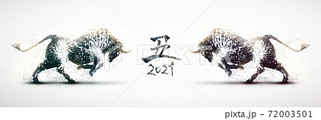 向かい合う闘牛のシルエット　2021年丑年のバナー　白黒の粒子　丑年 72003501