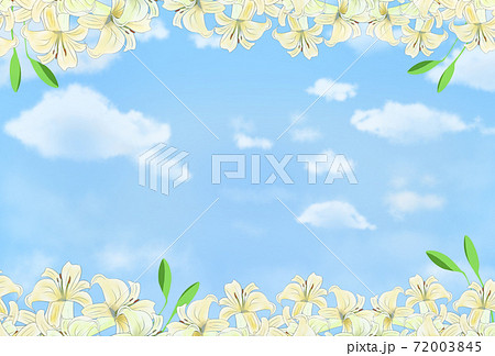 手書きの百合 ゆり のきれいな花と空の背景 フレームイラスト素材のイラスト素材