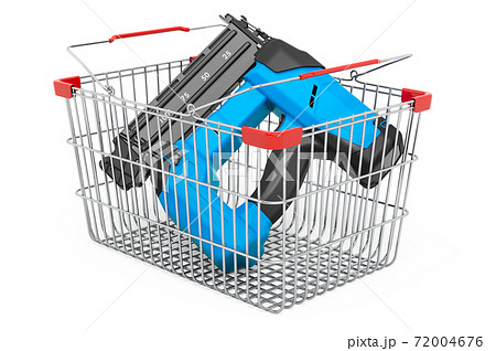 Shopping basket with electric brad nailer, 3D rendering Shopping basket with electric brad nailer, 3D rendering 72004676