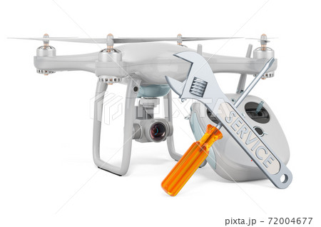 Service and repair of drone quadrocopter with remote control, 3D rendering 72004677
