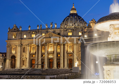 Night view of St. Peters Basilica with fountain. Vatican City. Night view of St. Peters Basilica with fountain. Vatican City. 72006053
