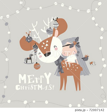 Beautiful cartoon girl with cute deer.Best friends 72007142