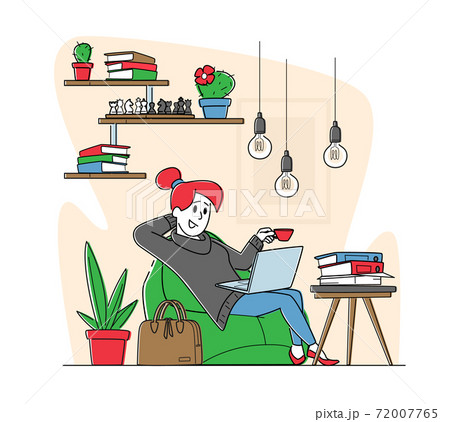 Female Character Relaxing in Office Lounge Zone. Remote Freelance Work or Coworking Area Concept. Freelancer Working 72007765