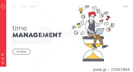 Time Management, Working Productivity Landing Page Template. Tiny Businessman Character Sitting on Huge Hourglass Time Management, Working Productivity Landing Page Template. Tiny Businessman Character Sitting on Huge Hourglass 72007884
