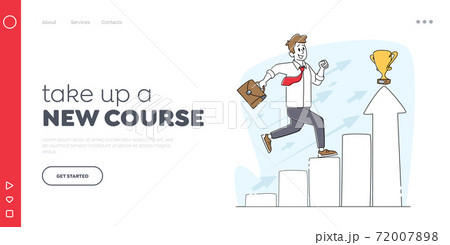Ladder to Success Landing Page Template. Male Character Run at Column Chart to Trophy on Top. Self Development 72007898