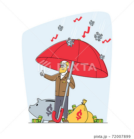 Senior Businessman Character Stand under Umbrella Protecting Money of Covid Cells Show Thumb Up. Financial Protection 72007899