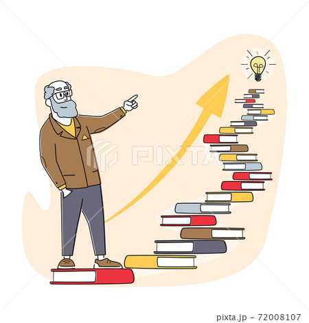 Self Development, Developing Mental Issues, Ladder to Success. Male Character Climb at Books Stairs with Bulb on Top. Self Development, Developing Mental Issues, Ladder to Success. Male Character Climb at Books Stairs with Bulb on Top. 72008107
