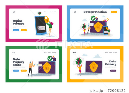 Privacy Data Protection in Internet, Virtual Private Network Landing Page Template Set. Tiny Characters at Huge Laptop 72008122