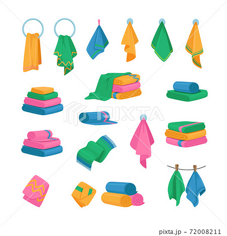 Set of Icons Towels Hanging on Hook, Ring and Rope, Stacked in Piles. Bath and Kitchen Fabric, Folded Cloth or Textile Set of Icons Towels Hanging on Hook, Ring and Rope, Stacked in Piles. Bath and Kitchen Fabric, Folded Cloth or Textile 72008211