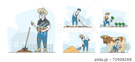 Set People Doing Farming Job and Care Domestic Animals, Milking Cow, Prepare Hay for Livestock. Male and Female Farmers Set People Doing Farming Job and Care Domestic Animals, Milking Cow, Prepare Hay for Livestock. Male and Female Farmers 72008269