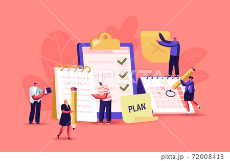 Scheduling, Planning, Inspiration and Creative Process Concept. Business Characters Stand at Huge Clipboard Make Notes 72008413