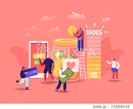 Donation, Volunteers Charity Concept. Tiny Male or Female Characters Throw Coins or Bills into Huge Glass Jar for Donate 72008416