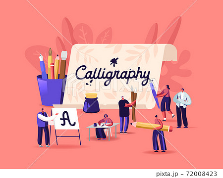 People Practicing in Spelling Lettering and Calligraphy. Characters Writing Letters, Script, Creative Hobby Recreation 72008423