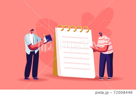 Tiny Male Characters Writing with Pen on Huge Notebook with Lined Pages and Spiral. Notes or Messages, Student Studying 72008446